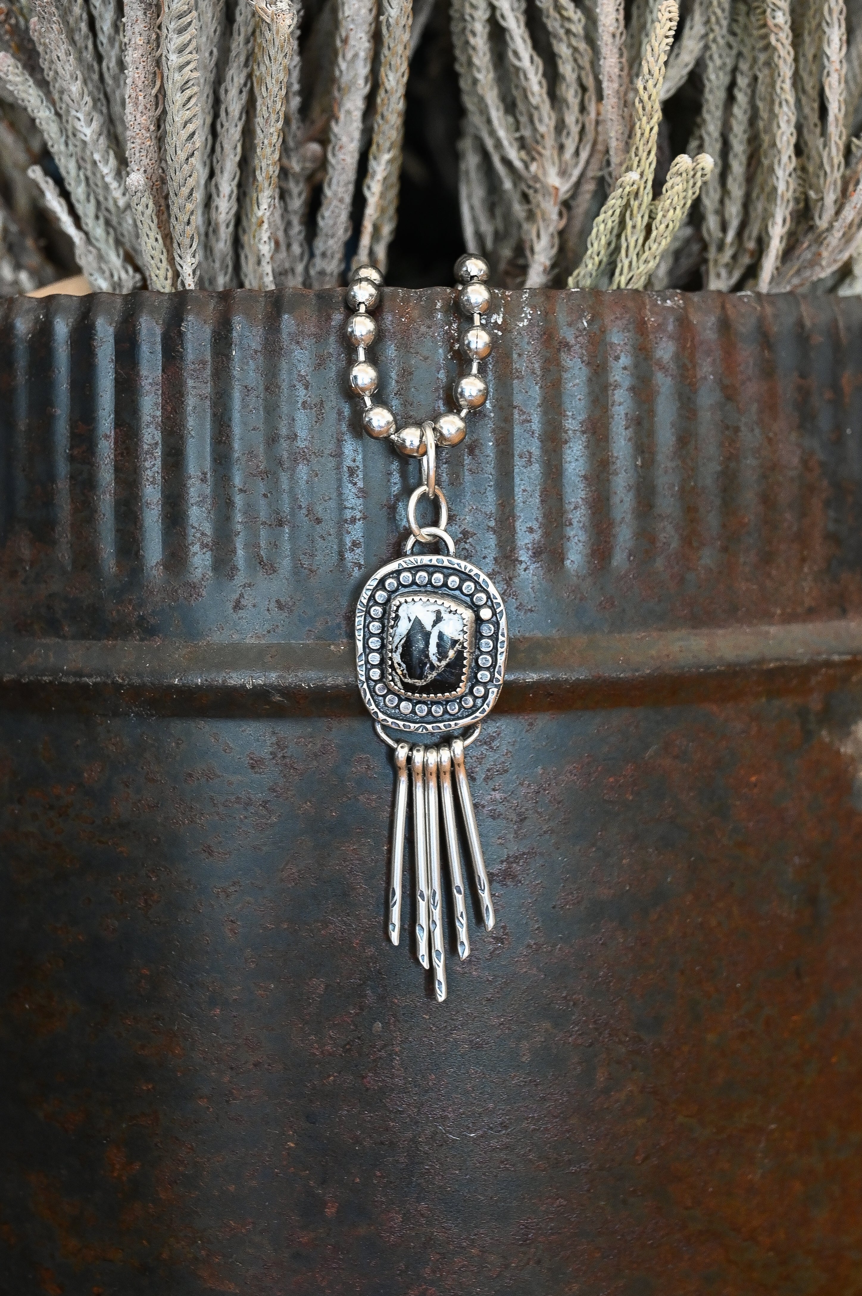 Sterling Silver + White Buffalo Fringe Pendant